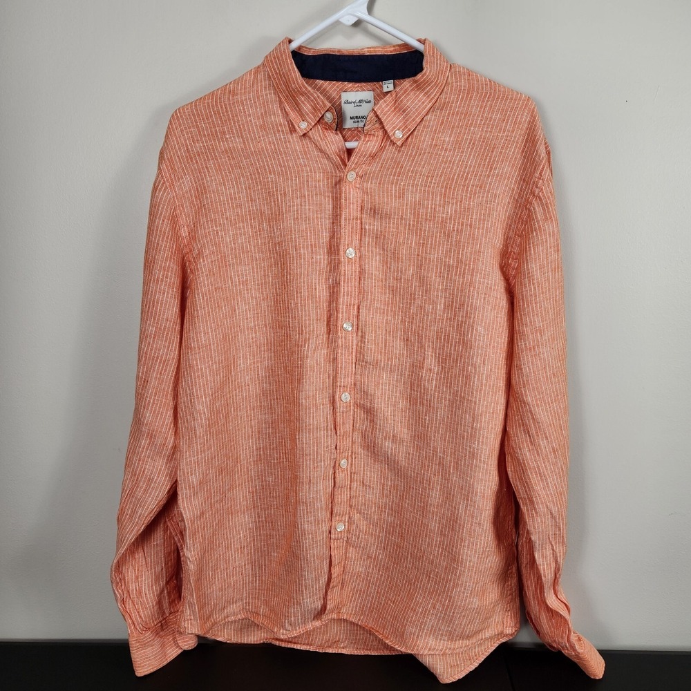 Men's MURANO Orange White Striped Slim‎ Fit Linen Shirt Large L Roll Tab Cruise